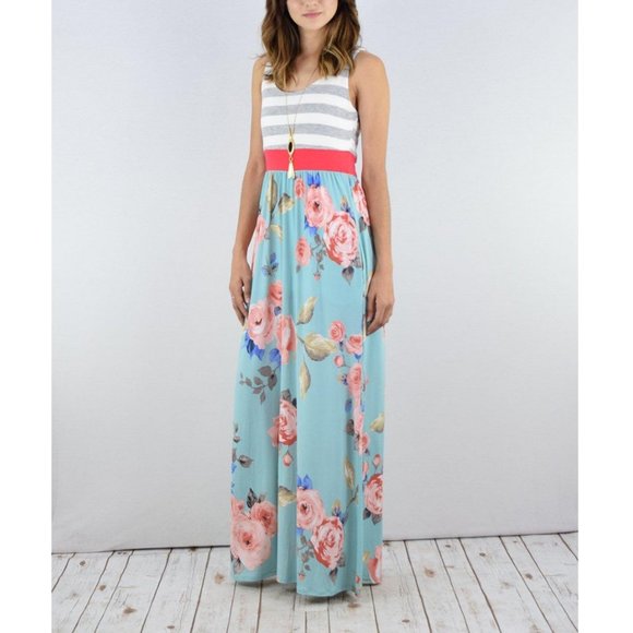Mint Floral Stripe Maxi Dress NWOT - Picture 2 of 2